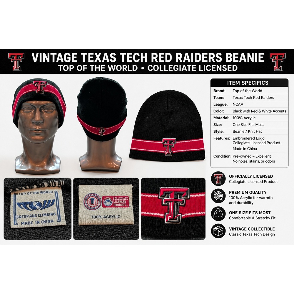 Top of the World Texas Tech Red Raiders Beanie Hat Black Red Stripe One Size